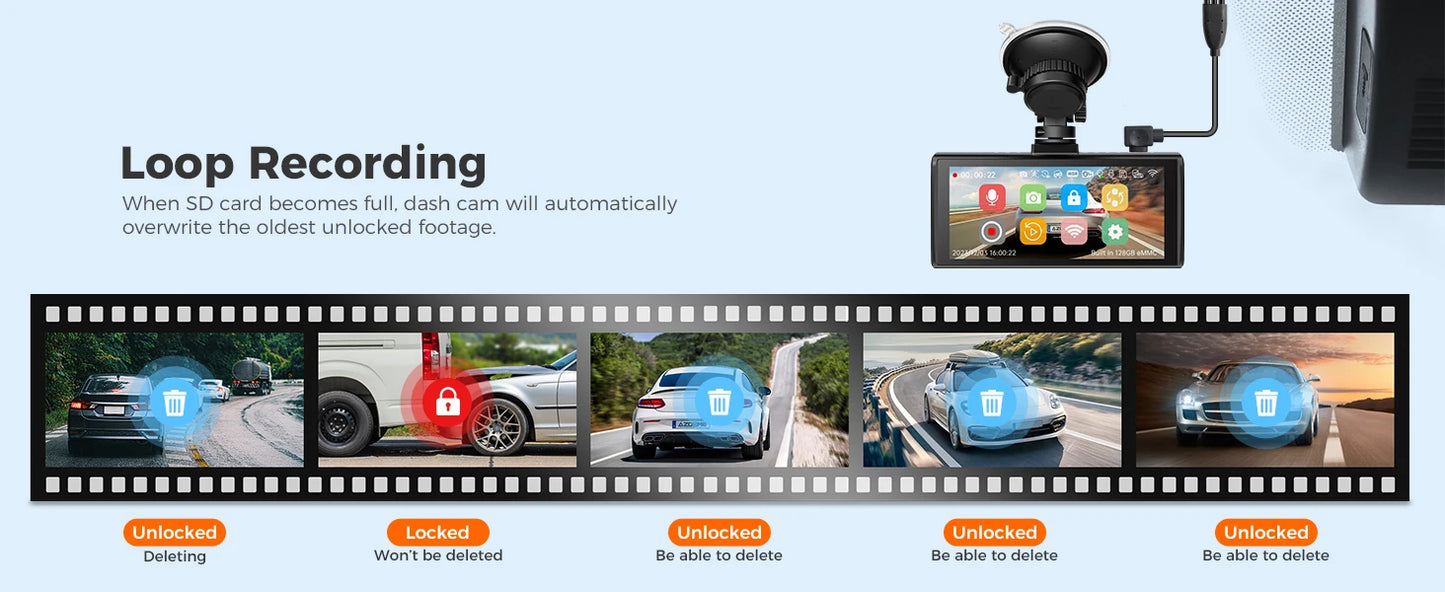 AZDOME M560 Car DVR 4K+1080P+1080P 3 Channel Dash Cam 4" IPS Touch Screen Built-in 128GB eMMC GPS WIFI G-Sensor IR Night Vision