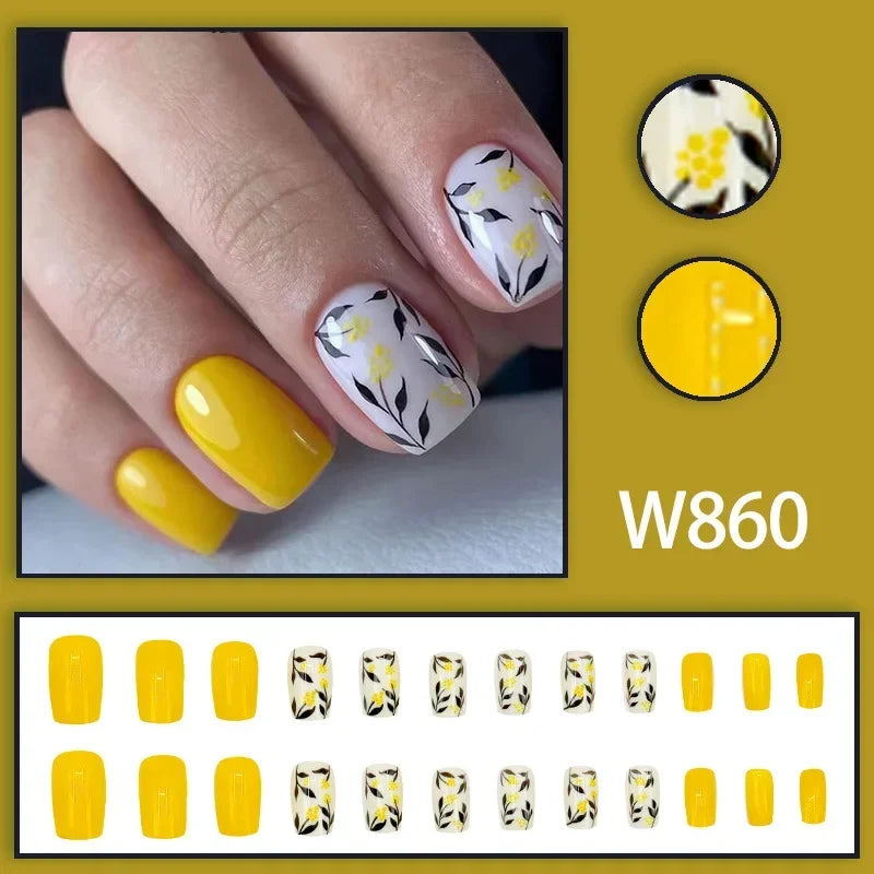 Black Ink Style Fake Nail with Jelly sticker Press on False Nails Wearable Round Head Oval Full Cover Nail Tips