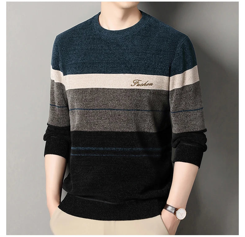 High Quality Men's Sweaters Fashion Knitting Pullover Striped Men's Autumn Winter Tops Round Neck Jerseys Fleece Bottom Shirts