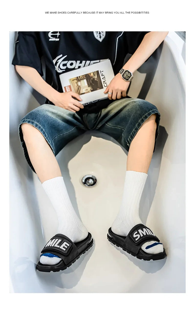Men's Casual Slip-On Shoes Thick Bottom Air-Cushioned Slippers Magic Tape Simple High-End Summer Sandals EVA Material