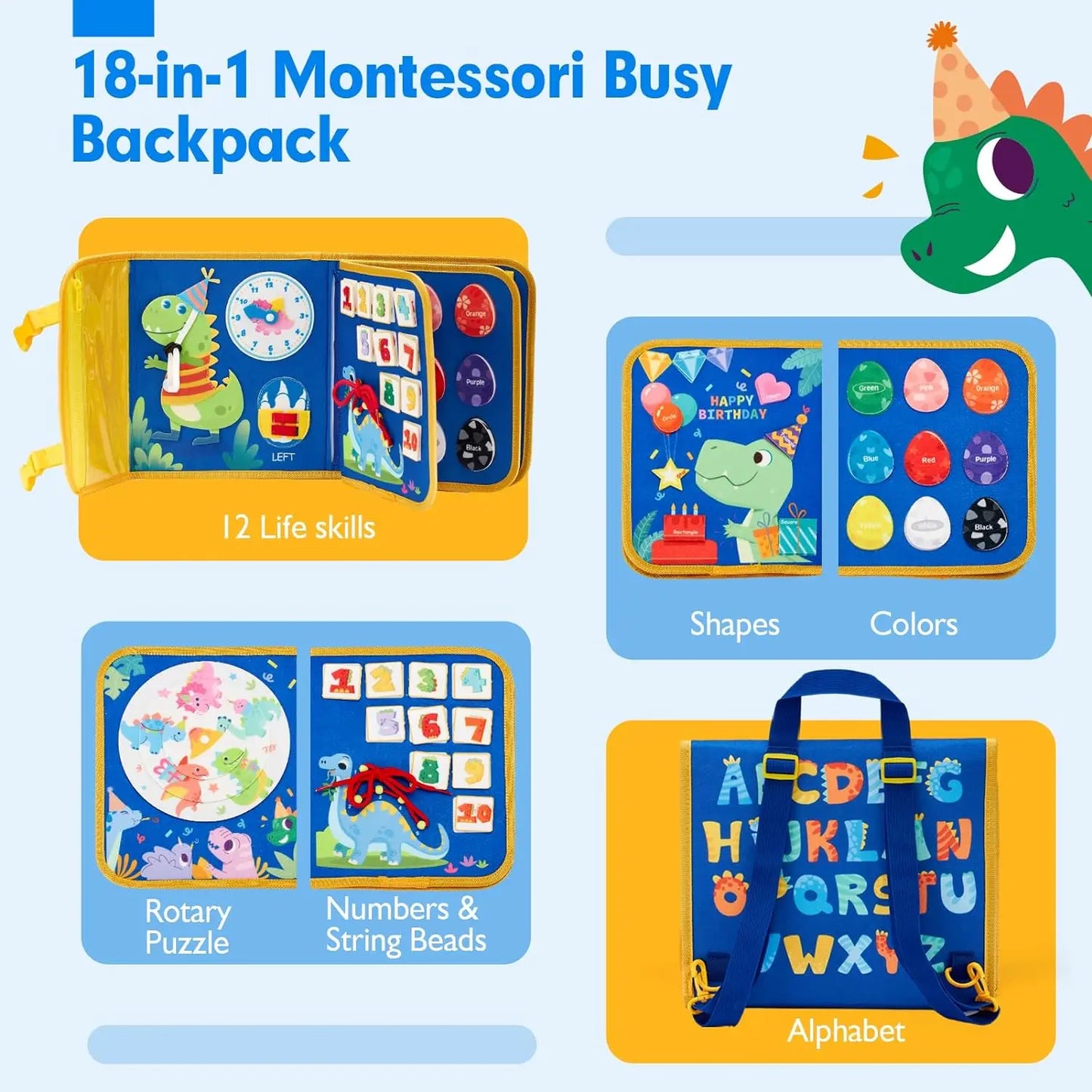 Toddler Busy Board Montessori Toys Learning Educational Activities Travel Toy Dinosaur Dress up  Sensory Life Skill Backpack