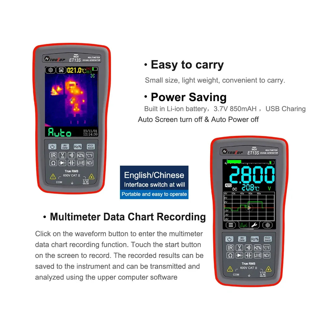 TOOLTOP ET13S Thermal Camera 192*192 Optional Macro Lens Thermal Camera Multimeter 9999 Counts Voltage Duty Cycle Diode Ohm Test