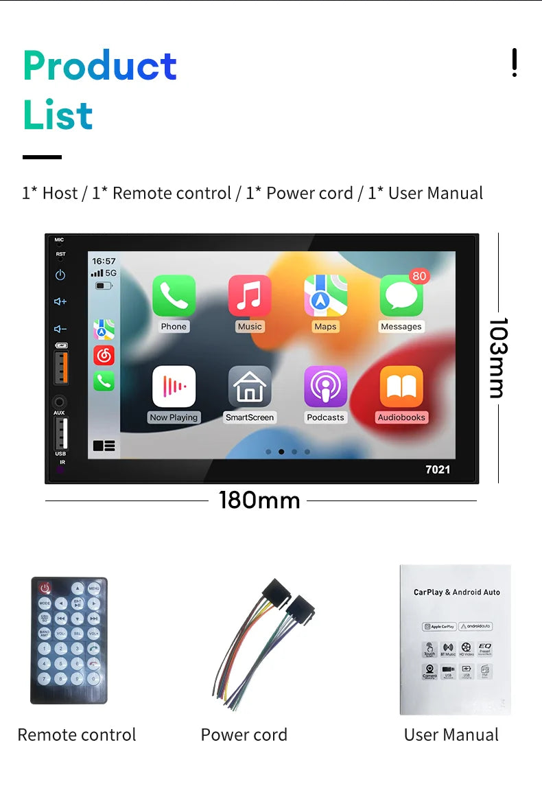 Acodo 7Inch Carplay Android Auto Player Dual USB Capacitive Screen Touch HD Car MP5 Player USB FM Bluetooth TF Card Touch Screen