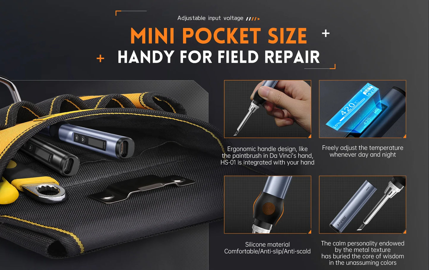 FNIRSI HS-01 Adjustable Temperature Soldering Iron DC 24V 80-420℃ Welding Solder Rework Station PD 65W Portable Repair Tool