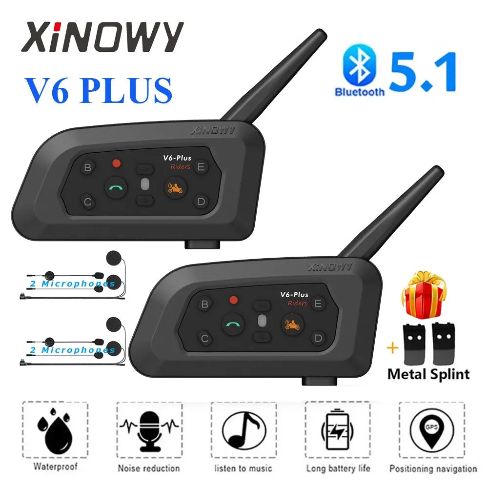 XINOWY V6 Plus Motorcycle Helmet Bluetooth Headset Intercom 1200M Interphone Communicator Waterproof 6 Riders