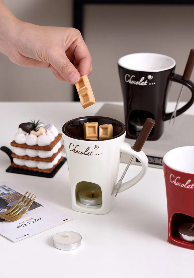 Chocolate Melting Cup Ceramic Fondue Cups with Fork Coffee Mug Chocolate Cooking Pots for Dessert Cheese Butter Melter Cup Gifts