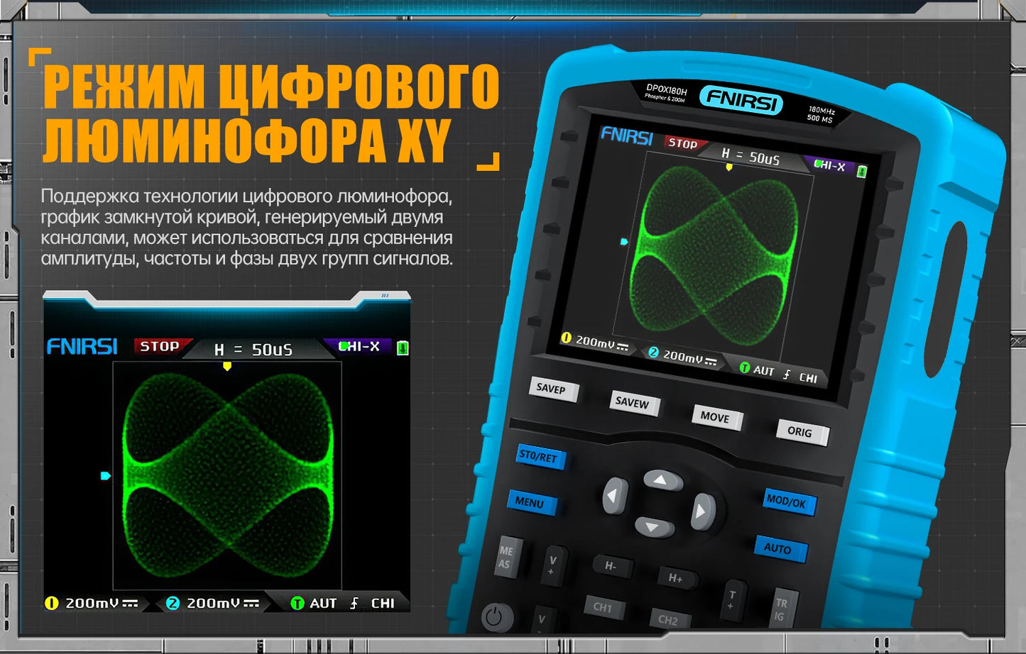FNIRSI DPOX180H ру́сский язы́к портативный фосфористый цифровой 180 МГц 50000wfms/s генератор сигналов 20 МГц ZOOM
