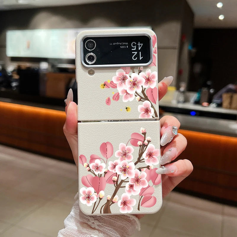 For Samsung Galaxy Z Flip 7 FE 6 5 3 4 Leather Texture Phone Case Floral Flower Soft TPU Folding Cover For Samsung Z Flip5 Flip6
