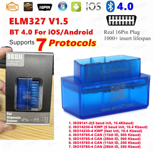 7 Protocols ELM327 V1.5 Bluetooth OBD2 Scanner ELM 327 V1.5 Work On Android IOS Car Diagnostic Tool OBD II Code Reader