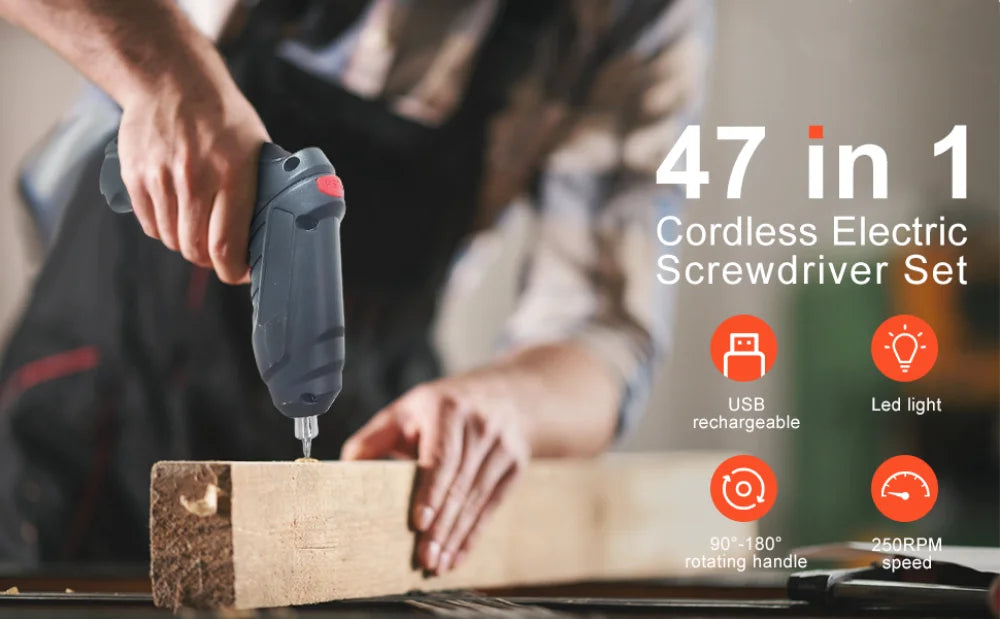Portable Electric Screwdriver Cordless 47 in 1 Rotated 90 Degrees Rechargeable Screwdriver with LED for Home Office DIY Tools
