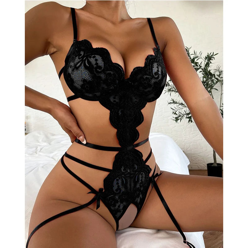 Lace Seamless Bodysuit Babydoll Pajamas Deep V Open Bra Crotchless Corset Set Hot Women See-Through Green Sex Romantic Lingerie