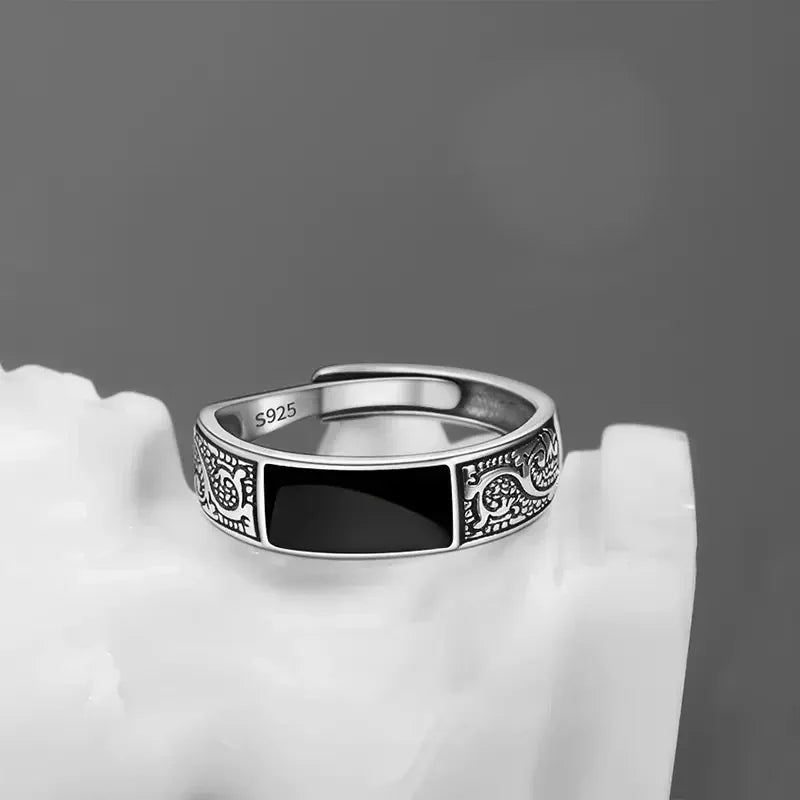 Trendy Silver Sterling Silver Ring for Men Jewelry Black Rectangle Retro Dragon Pattern Ring Male Infex Finger Accessories Open