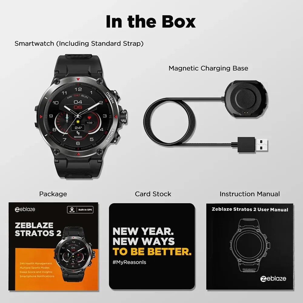 Zeblaze Stratos 2 GPS Smart Watch AMOLED Display 24h Health Monitor Long Battery Life Smartwatch for Men