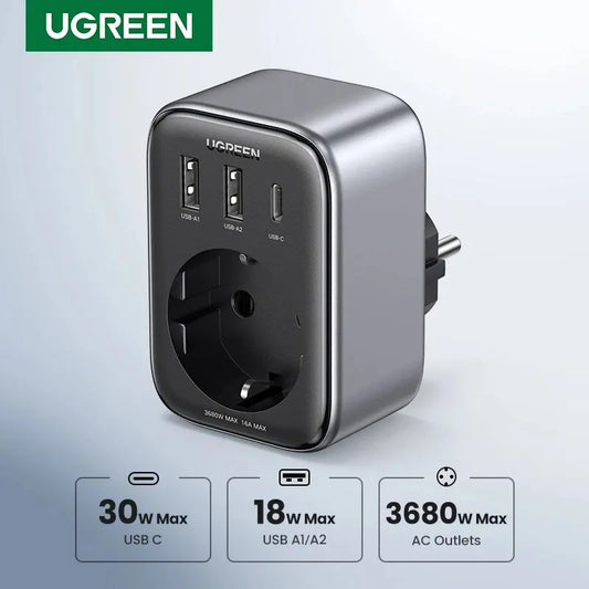 UGREEN 30W GaN PD Charger With AC Outlets EU Plug Phone Charger for iPhone 15 14 Xiaomi USB Wall Socket Power Strip Charger