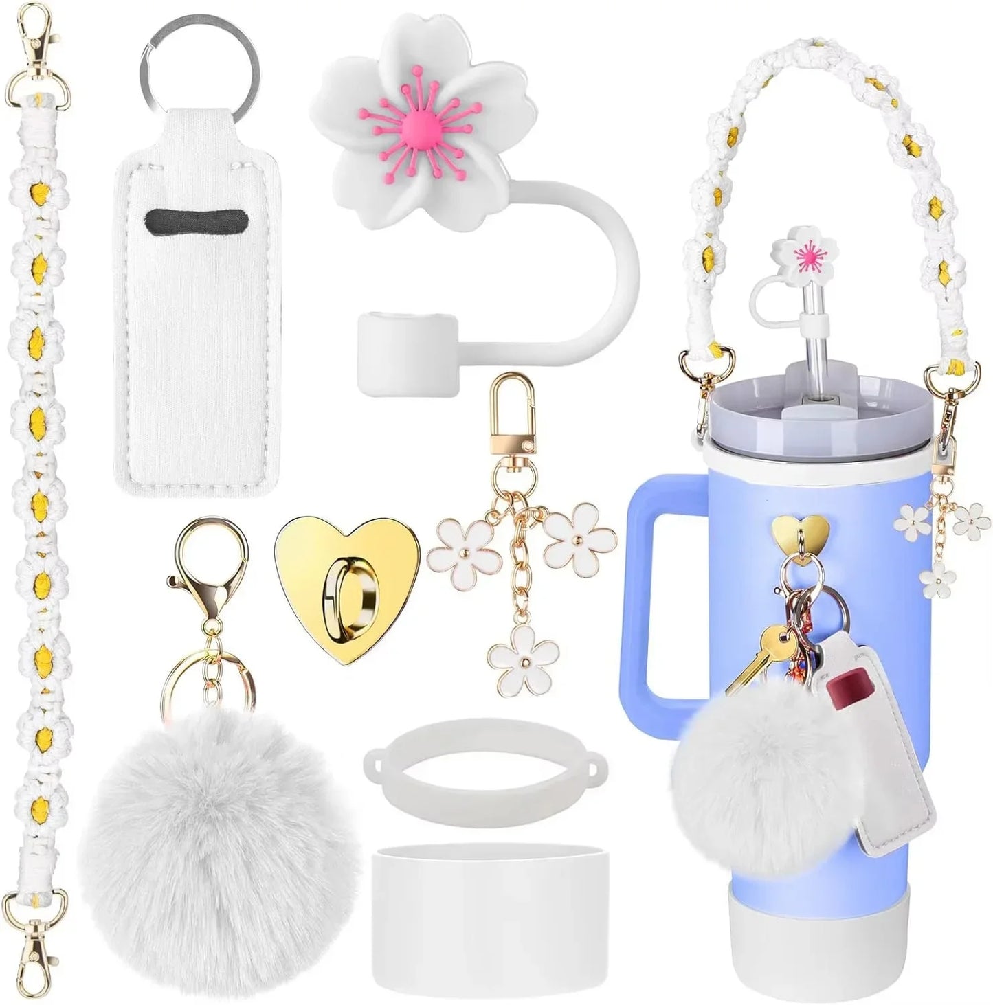 7/8pcs Cup Accessories Set for Stanley Cup Including Handle Strap Siliocne Cup Boot Straw Cover Charms for 40oz 30oz Tumbler