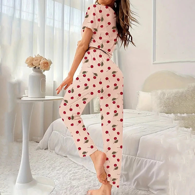 Womens Pajama Pj Sets Autumn Short Sleeve Top & Pants Pajamas 2 Piece Set Soft and Cozy Sleepwear Loungewear Pyjama Pijama Femme