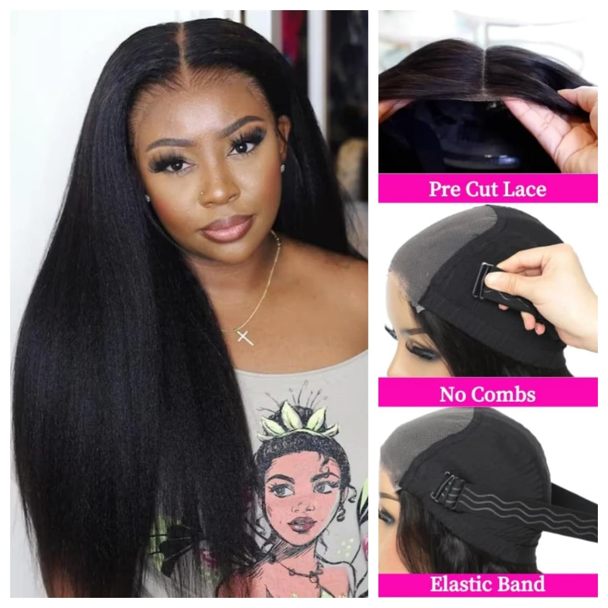 Put On And Go Kinky Straight 4x4 Lace Closure Human Hair Wig Glueless 10-26 Inches Pre Cut Lace Yaki Straight Wig Brazilian Hair