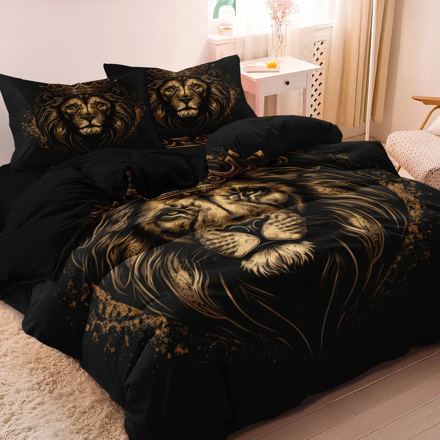 3pcs Lion & Crown Print Bedding Duvet Cover Set, Including 1 Duvet Cover & 2 Pillowcase Without Filler, Bedding Supplies