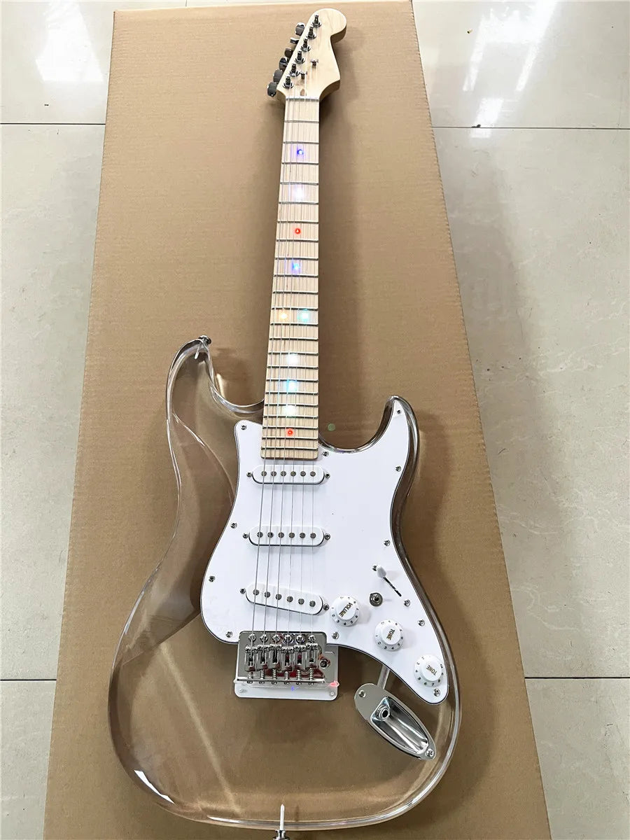 High quality classic acrylic clear Plexiglas crystal 6-string electric guitar with colored lights maple neck Free shipping