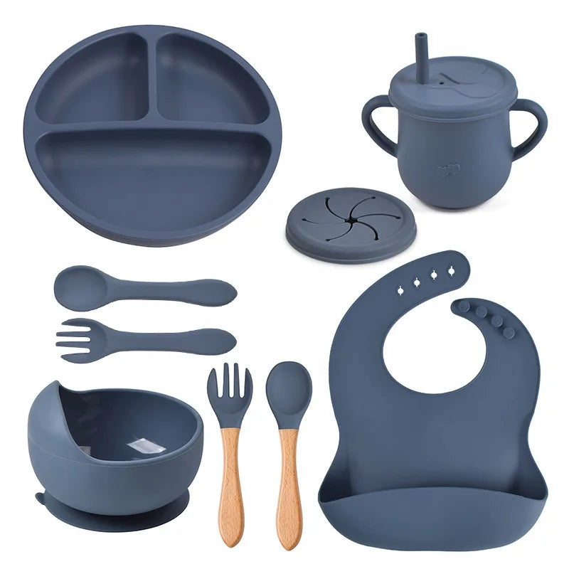 Mother Kids Baby Silicone Feeding Set Sucker Plate Antislip Bowl Spoon Cup Children Tableware Safe Non Toxic Dishwasher Safe