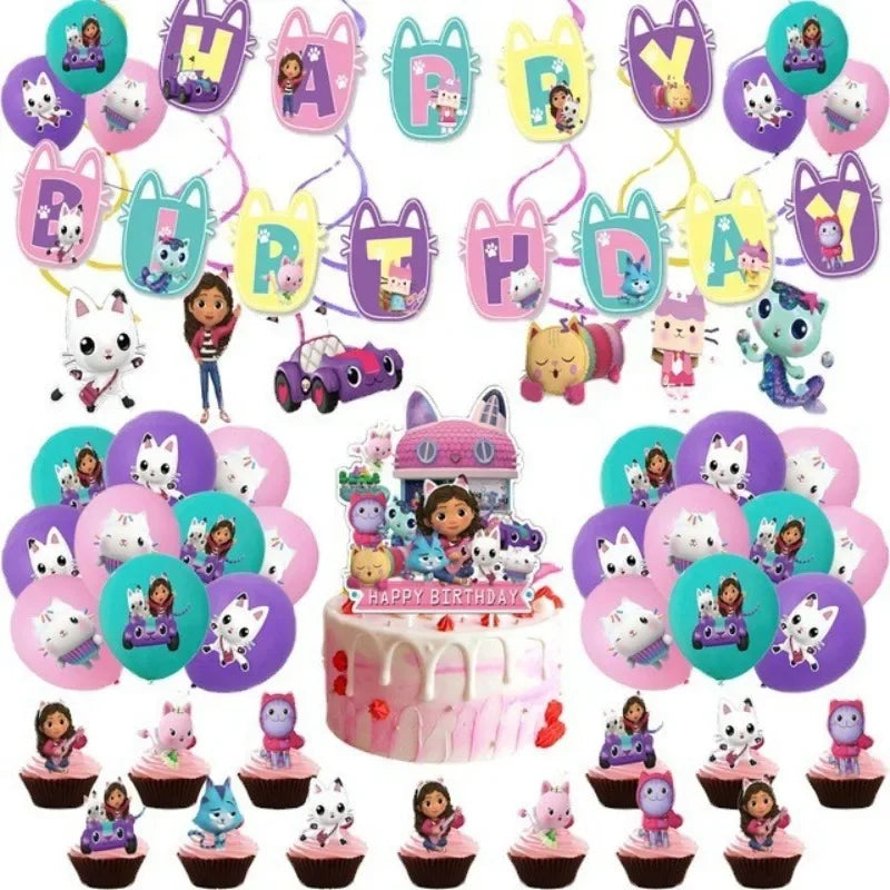 Disney Gabby Doll House Theme Birthday Party Flag Pulling Balloon Decoration Disposable Tableware Supplies