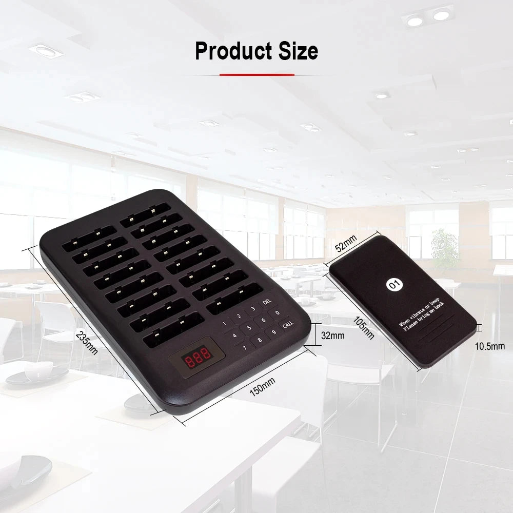 Wireless Calling System Buzzer Restaurant 16 Pager Receiver Vibration 4 Modes With 1 Keypad Transmitter Guest Paging Coaster