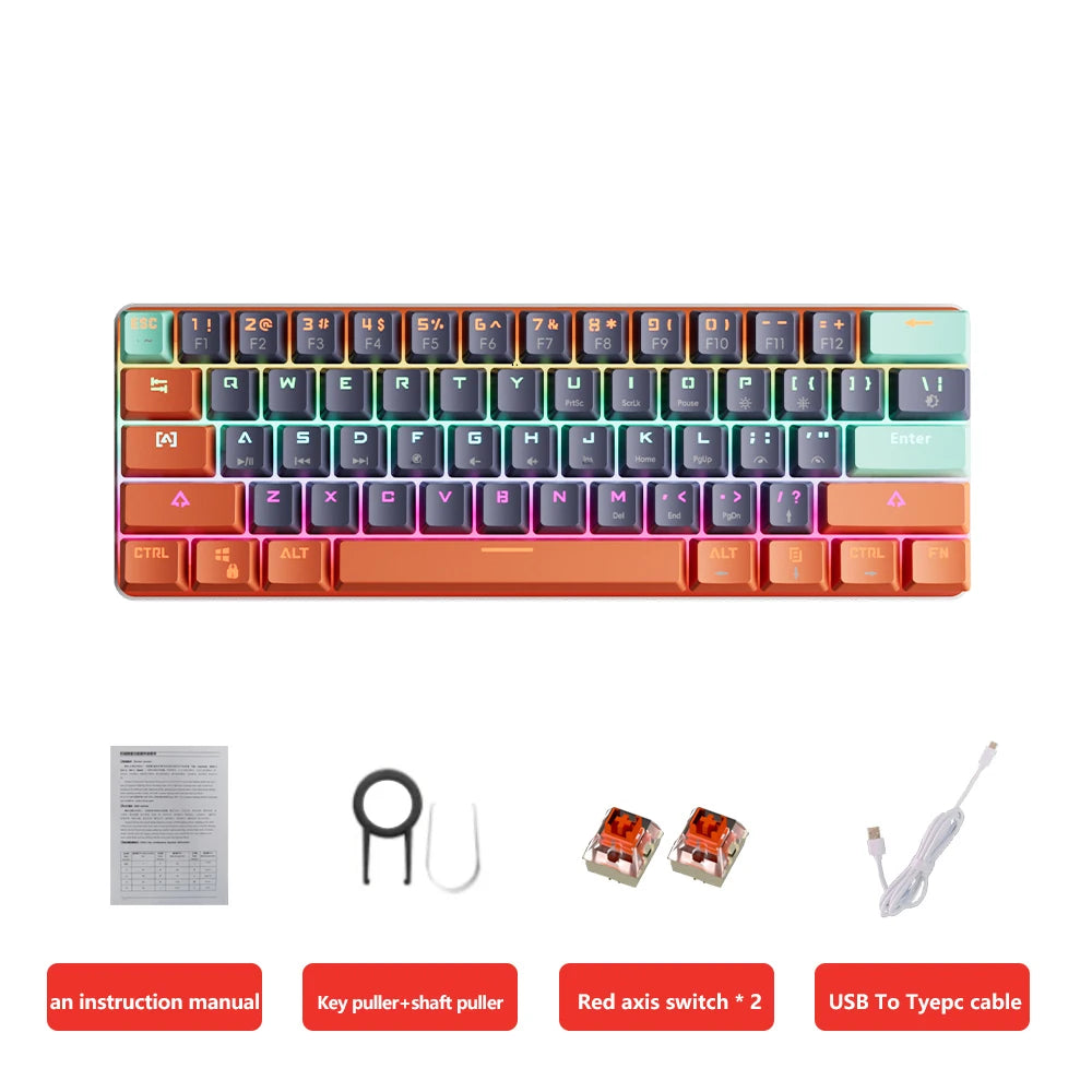 MUCAI 61key mechanical keyboard red axis RGB backlight effect hot swappable compact and practical designed for gaming and typing