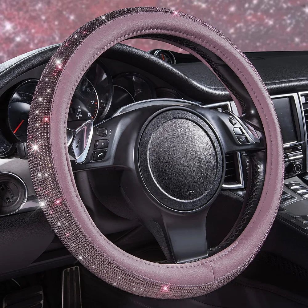 38cm CAR PASS Red Diamond Black Leather Steering Wheel Cover With Bling Crystal Rhinestones Universal