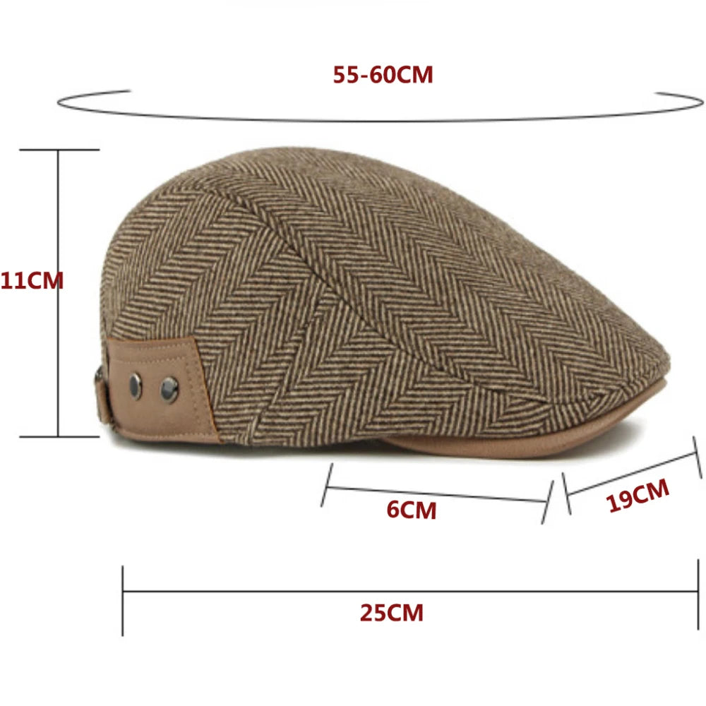 HT5025 Beret Cap Striped Beret Hats with Ear Flaps Male Female Adjustable Ivy Flat Cap Fleece Lined Winter Hat Women Mens Berets