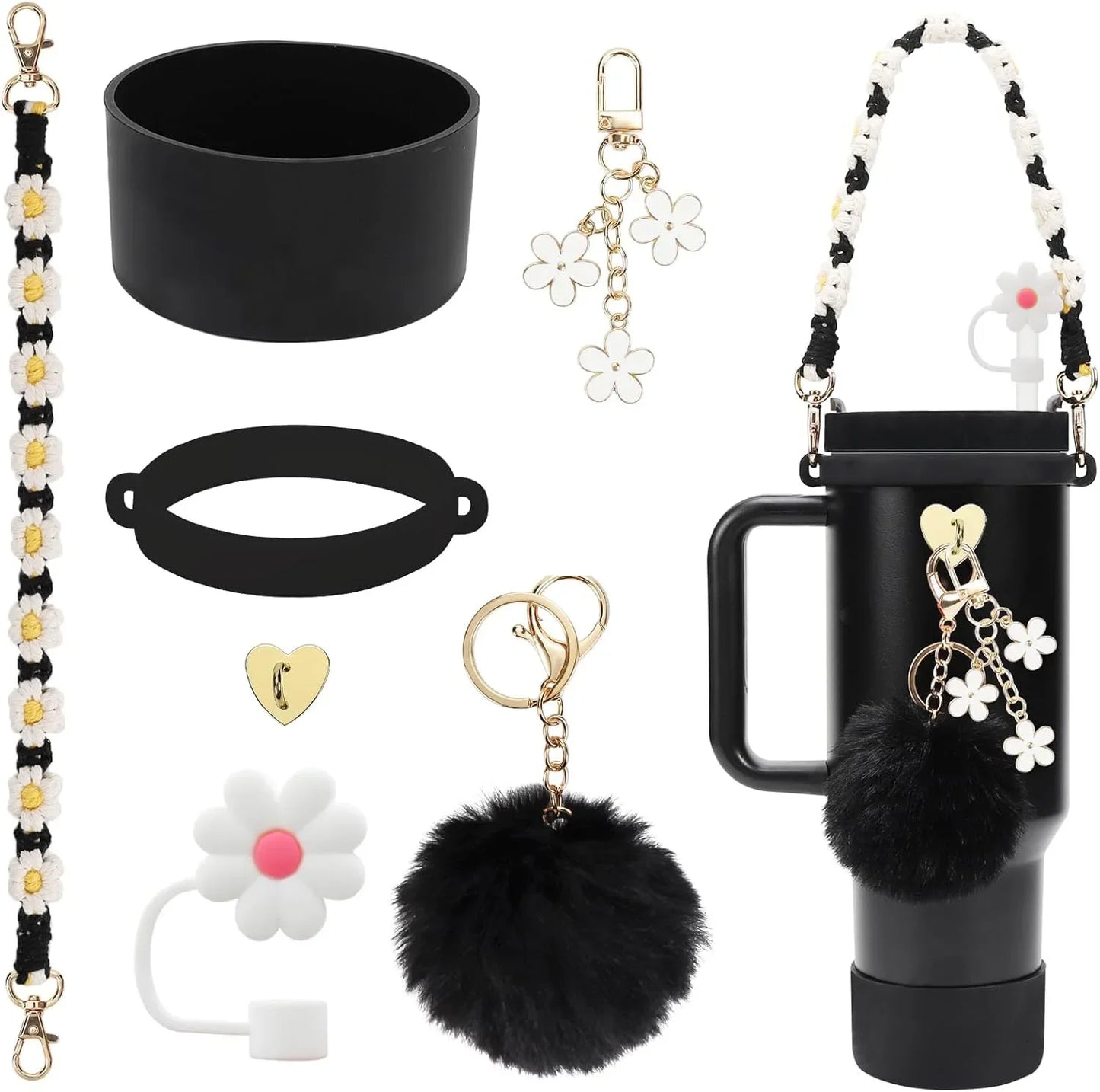 7/8pcs Cup Accessories Set for Stanley Cup Including Handle Strap Siliocne Cup Boot Straw Cover Charms for 40oz 30oz Tumbler