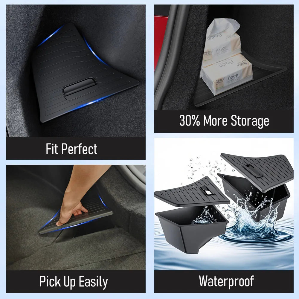Trunk Organizer for Tesla Model 3 2024 2025 Waterproof Rear Trunk Storage Bins Side Box with Carpeted Lip Car Travel Accessories