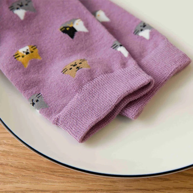 5 Pairs Cat Print Socks, Cute & Comfy All-match Mid Tube Socks, Women's Stockings & Hosiery