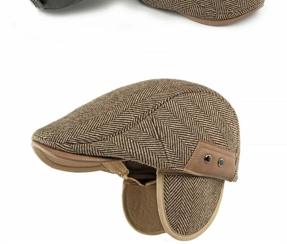 HT5025 Beret Cap Striped Beret Hats with Ear Flaps Male Female Adjustable Ivy Flat Cap Fleece Lined Winter Hat Women Mens Berets