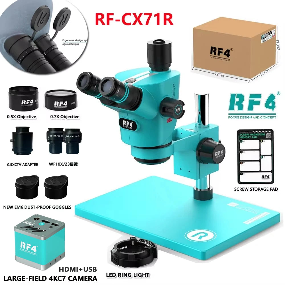 RF4 CX71R New Focus Trinocular Stereo Microscope 6.5x-65x 30°C Ergonomic Design 10X/23MM Eyepice for Phone Soldering PCB Repair