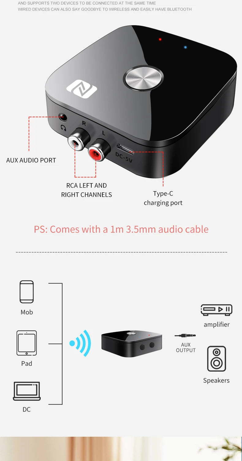 Bluetooth5.3 Wireless Adapter USB/RCA/3.5mmAUX Audio Receiver NFC Connection With Remote Control For Car Kit Speakers Headset