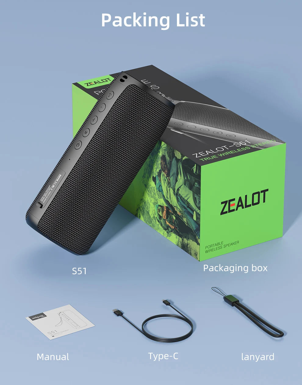 ZEALOT S51 Powerful Bluetooth Speaker Bass Wireless Speakers Subwoofer Waterproof Sound Box Support TF, TWS, USB Flash Drive