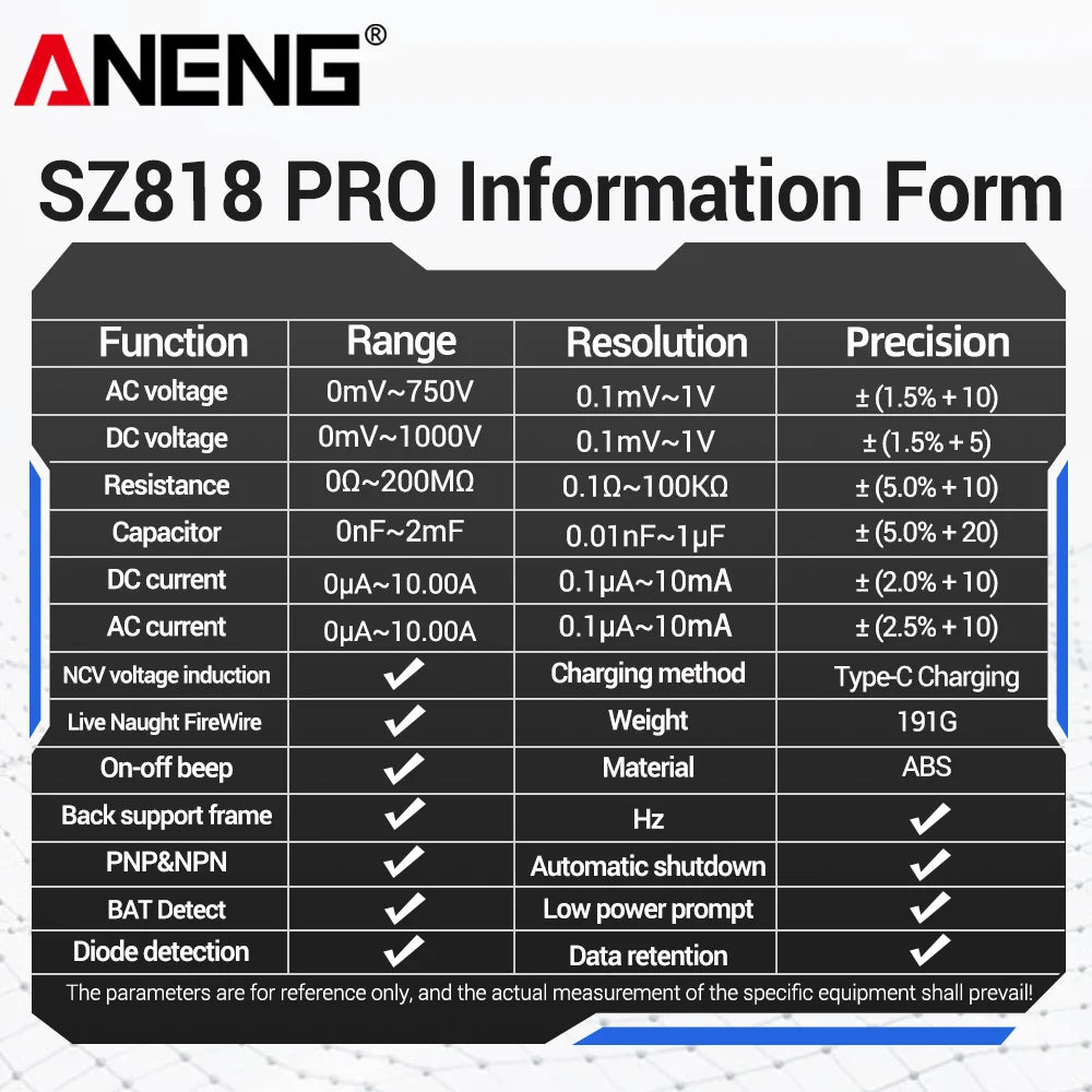 Smart Rechargeable Digital Multimeter Tester ANENG SZ818 PRO AC/DC Voltage Ammeter Pnp Npn Resistance hFE Capacitor tester tools