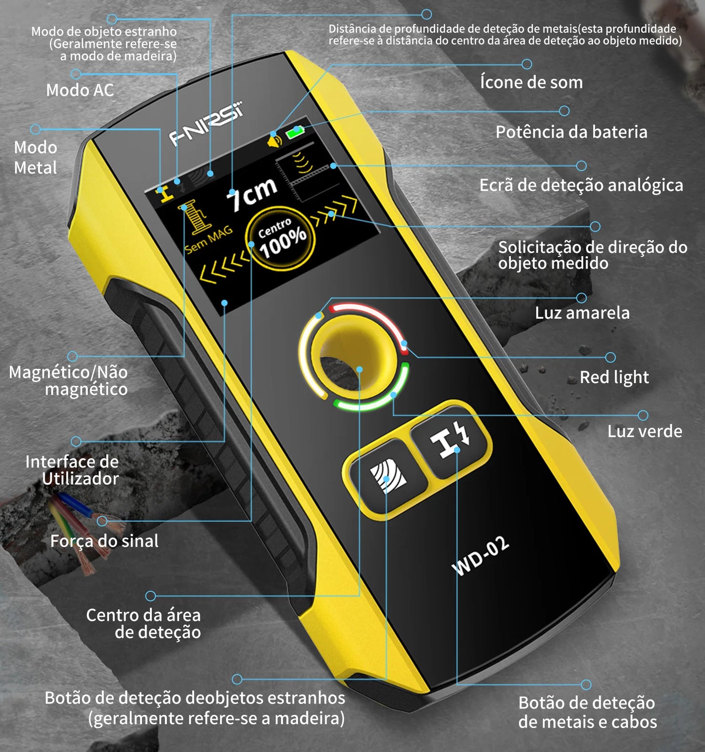 FNIRSI WD-02 Versão em português Detetor de parede Localizador de vigas Cabos CA com carga Vigas de metal Vigas de madeira