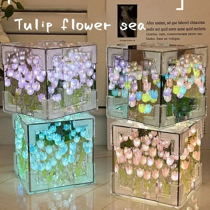 2024 Creative Diy Tulip Flower Sea Cube Three-Dimensional Small Night Lamp Material Package for Girlfriend Couple Girlfriends