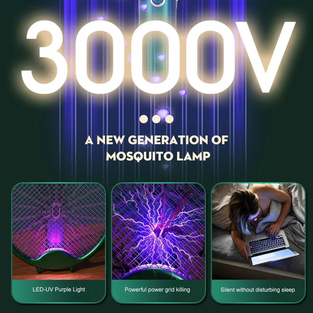 Foldable Electric Mosquito Killer Fly Swatter Trap USB Rechargeable Mosquito Racket Insect Killer with UV Light Bug Zapper 3000V