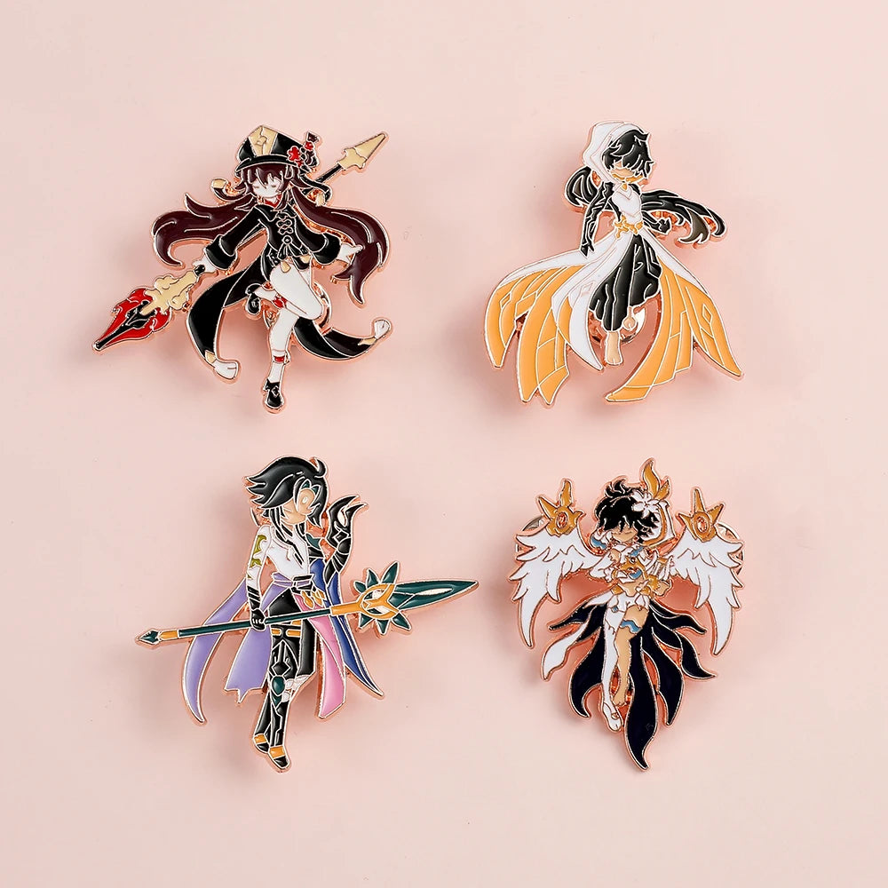 4 Pcs Genshin Impact Series Brooch Creative Walnut Mandrilla Enamel Pin Metal Paint Badge Backpack Clothing Accessories Wallet