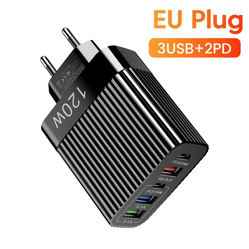 Total 120W USB Charger Quick Charge Multi Ports Fast Charging Phone Charger For iPhone Samsung Xiaomi Huawei Type C Wall Charger