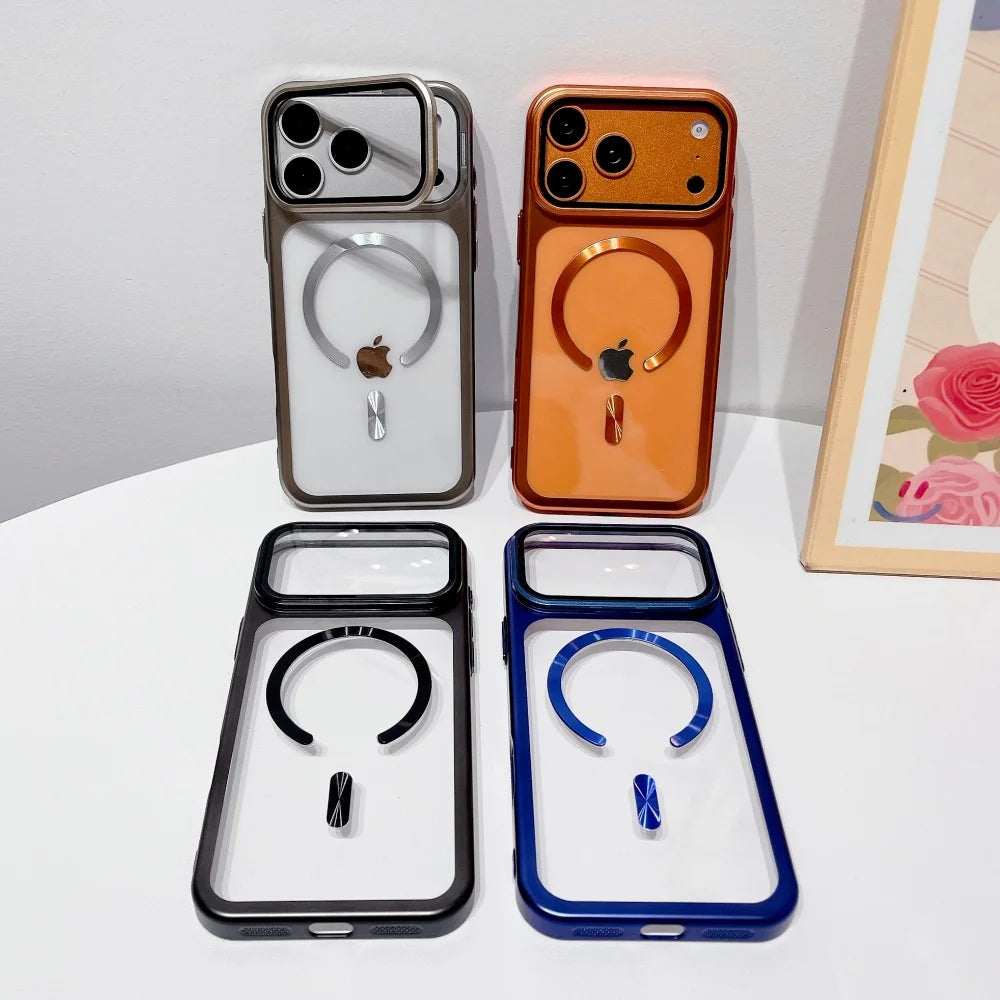 Luxury Lens Protect Stand Holder Bracke Clear Phone Case For iPhone 17 Pro Max 17 Pro Large Window Shockproof Armor Bumper Cover