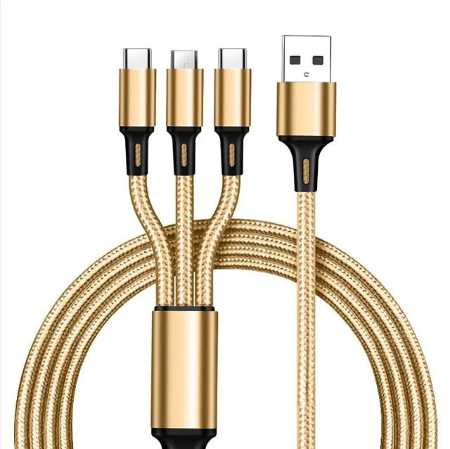 2.4A Braided One Drag Three USB-A For Apple Android Type-c/USB-C Fast Charging Cable 1.2m  3in1 Black Silver Red Blue Golden