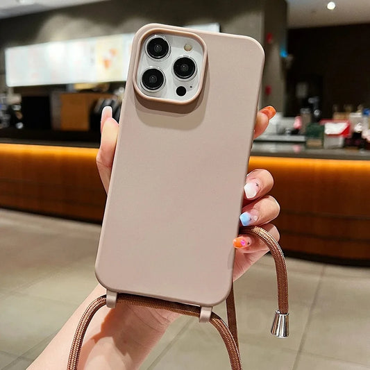 Crossbody Lanyard Matte Silicone Phone Case For iPhone 15 Pro Max 14 13 12 Necklace Strap Cord Candy Color Soft Shockproof Cover