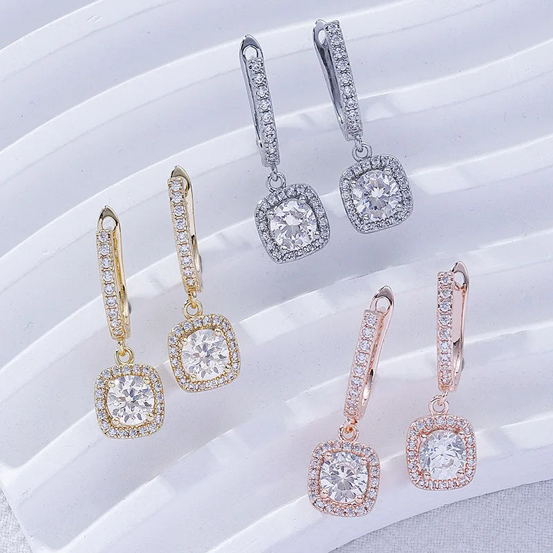 2024 Charm Zircon Square Pendant Earrings New Fashion Rose Gold Silver Color Bling Zircon Earrings Wedding Girl Luxury Earrings