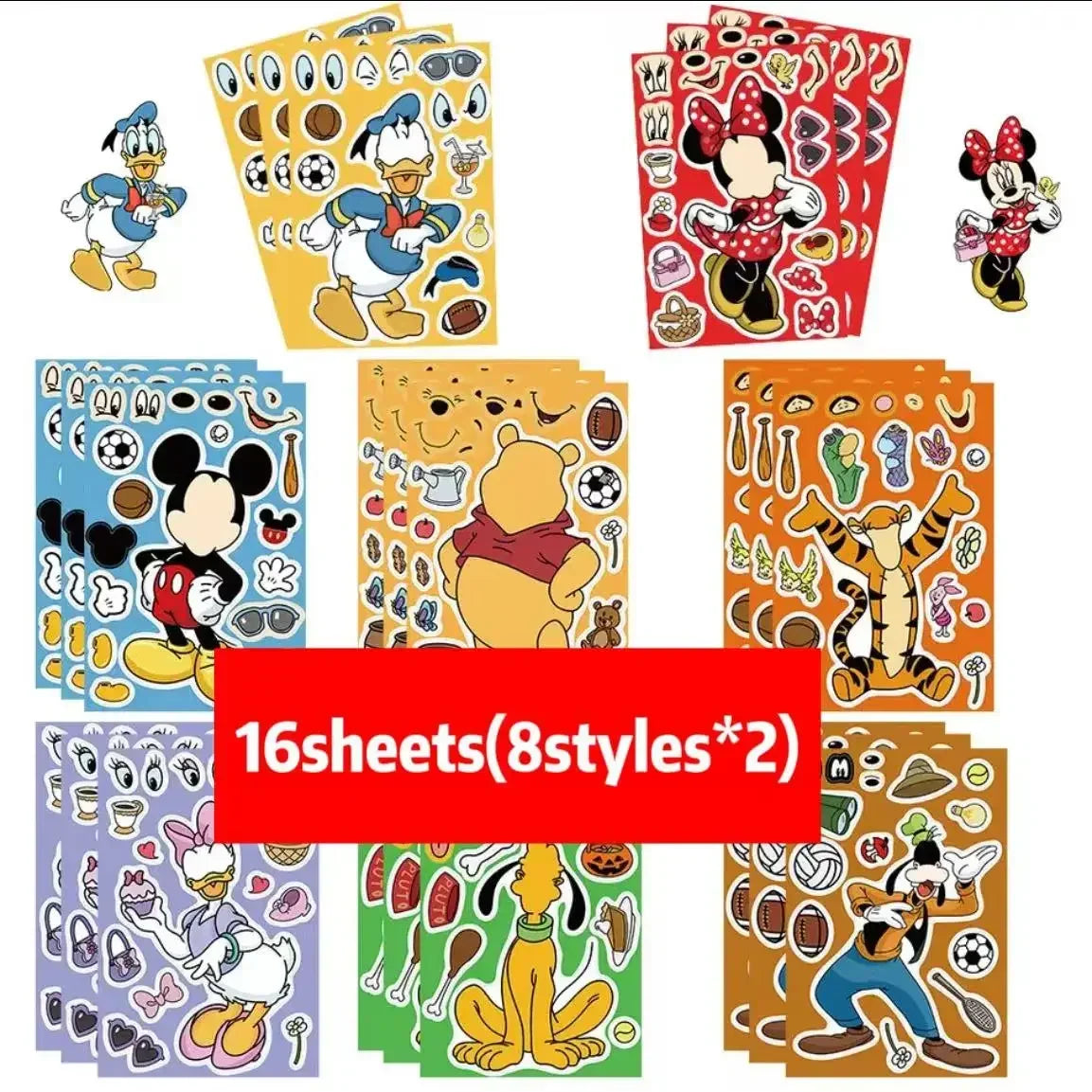 8/16Sheets Disney Micke Puzzle Stickers  Children DIY Make-a-Face Funny Assemble Jigsaw Cartoon Sticker Kids Educational Toys