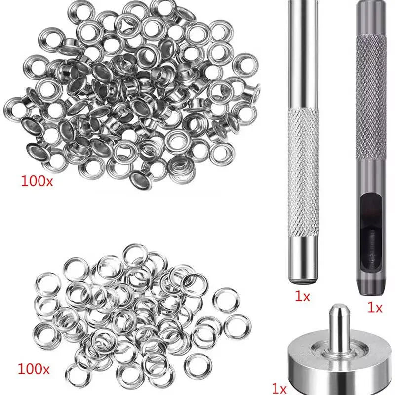 100 sets of stainless steel  eyelets with a tool ,for canvas holes, clothes, handbag, 5mm/6mm inner diameters
