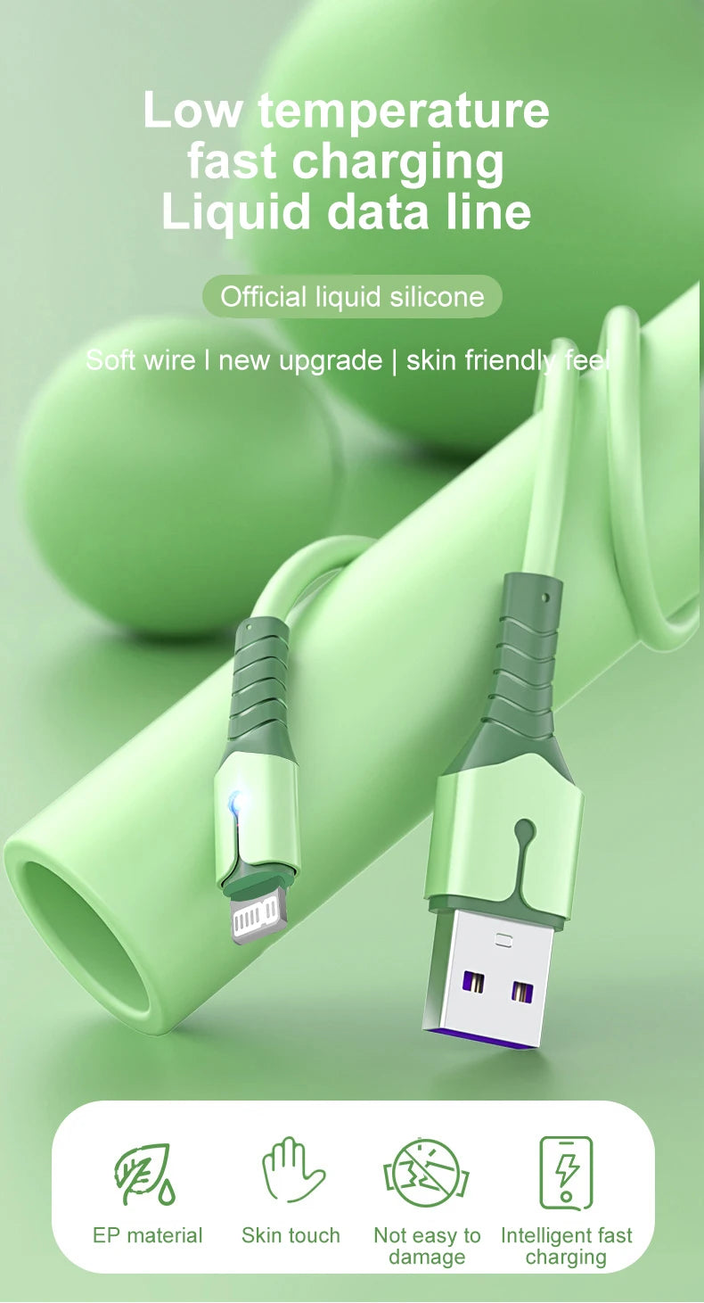 3A USB Cable For iPhone 14 13 12 11 Pro Max Mini XS X 6s 7 8 Plus iPad Liquid Silicone Fast Charging Cable Data Cable