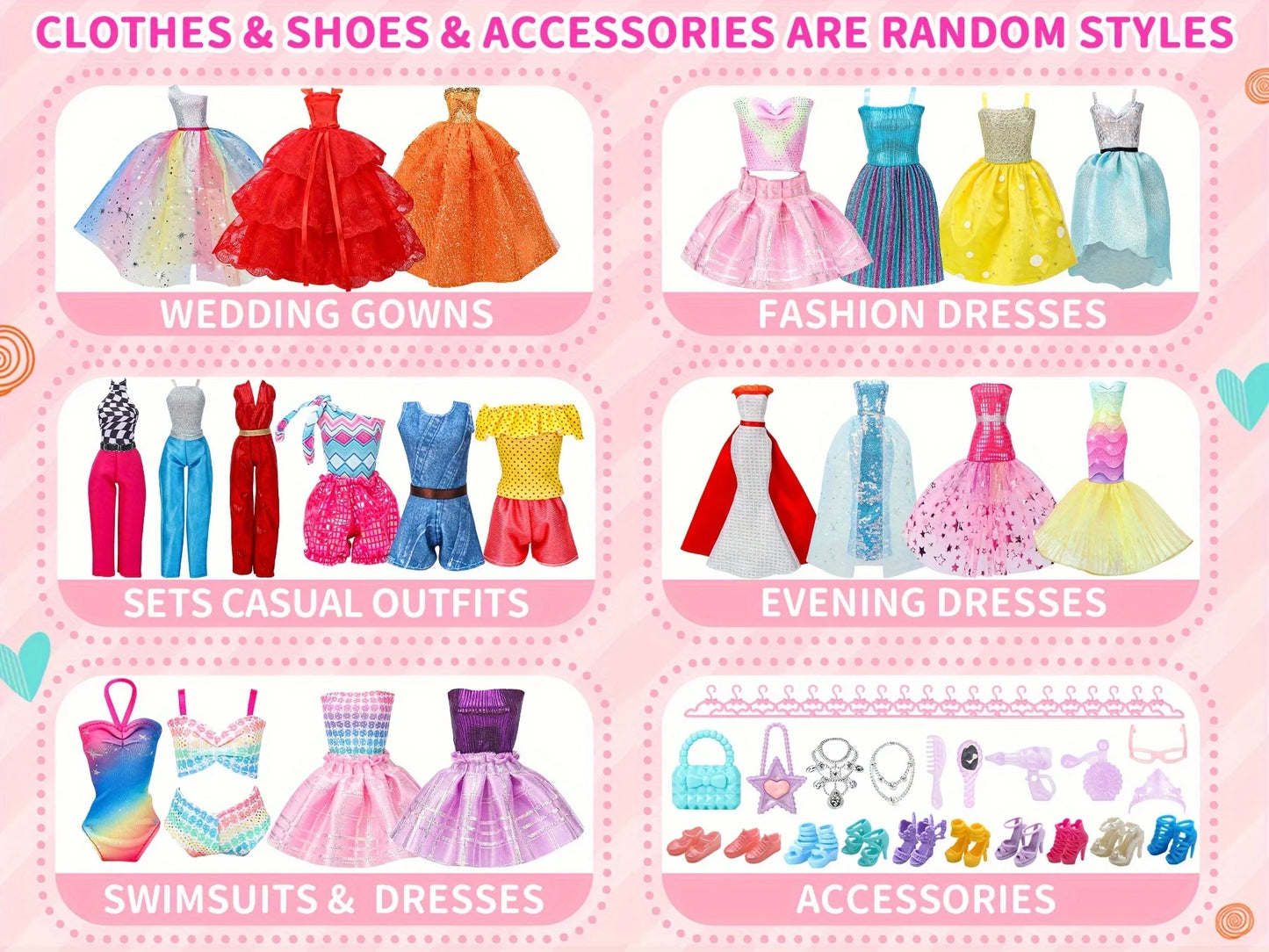 Random 70 PCS Gorgeous Doll Clothes and Accessories for 11.5 Inch fashion Doll -doll House Accessories- A Perfect Gift for Girls